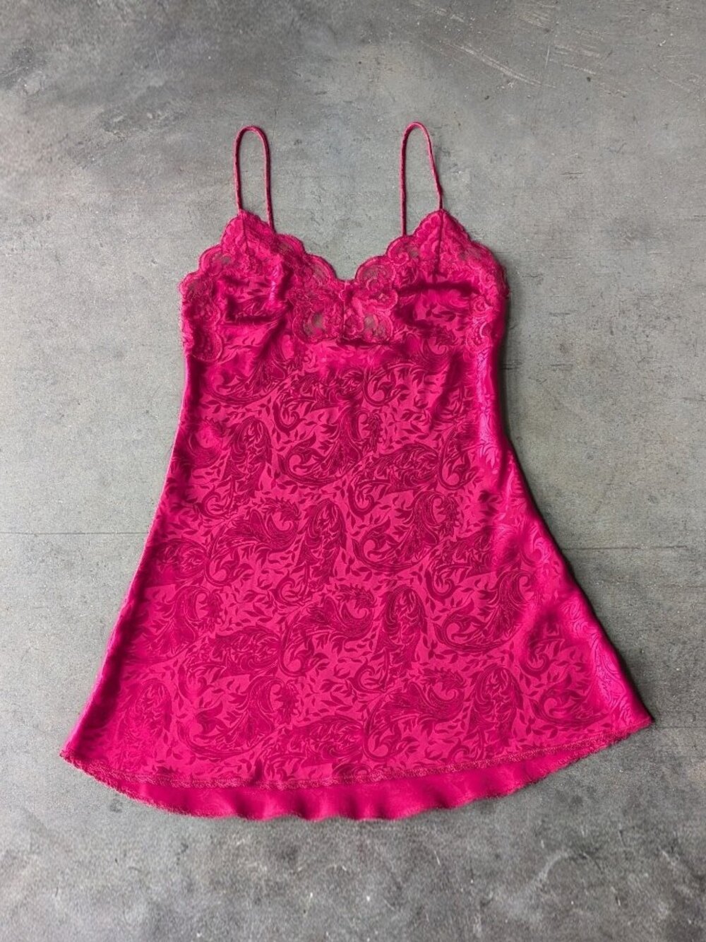 Vintage Lucie Ann II Deep Pink Floral Jacquard Lace Trim Chemise Slip small